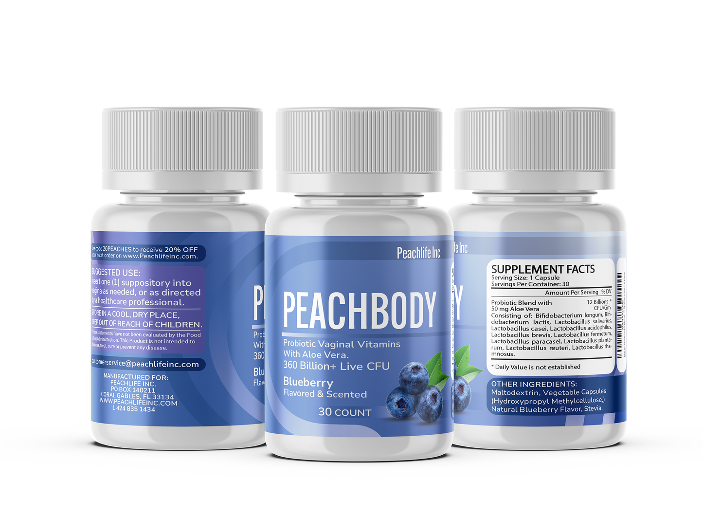 Peachbody Scented & Flavored Probiotic Suppositories 2 Pack | Aloe Vera & 11 Strains | Watermelon & Blueberry | 60 Count | Peachlife