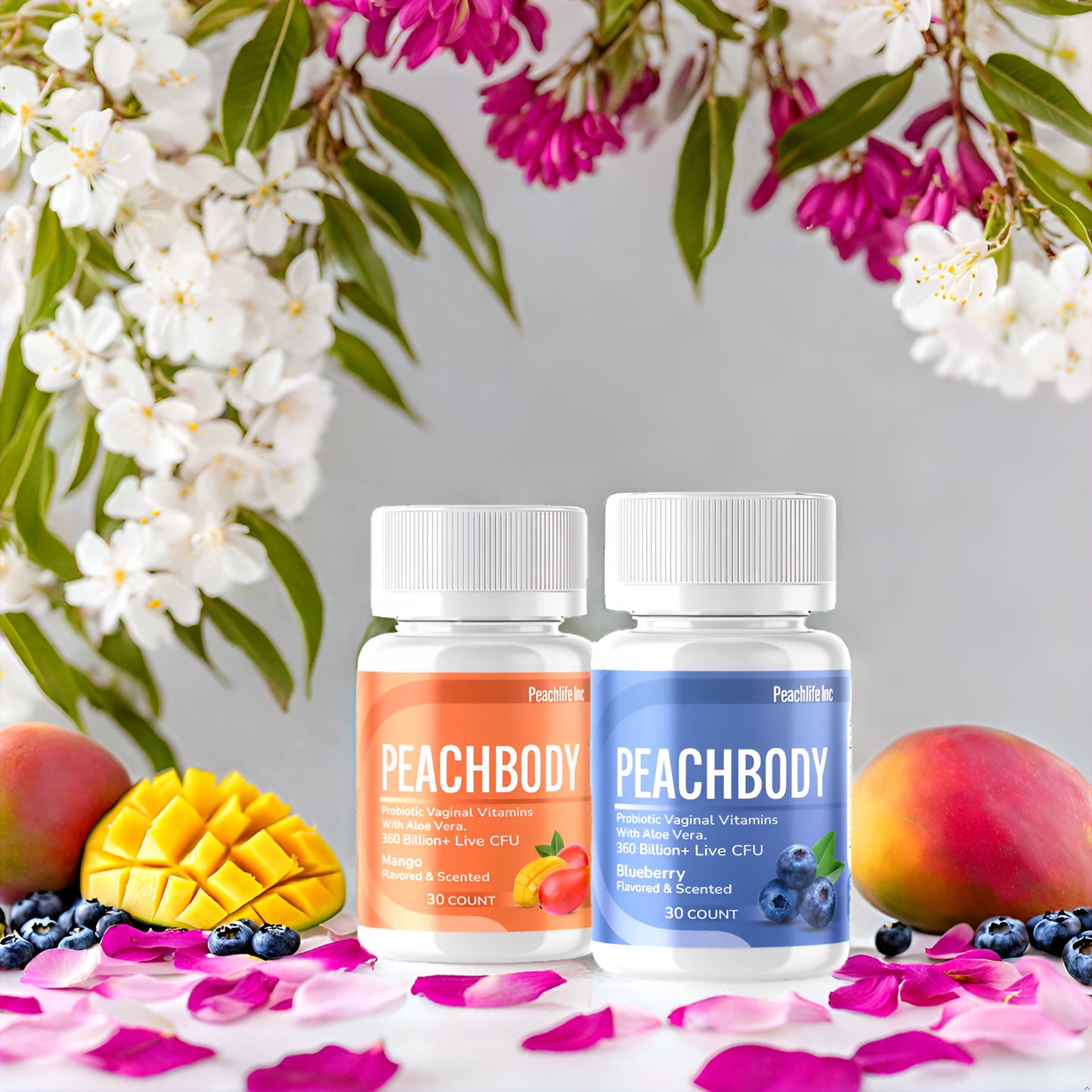 Peachbody Scented & Flavored Probiotic Vaginal Suppositories 2 Pack | Aloe Vera & 11 Strains | Mango & Blueberry | Peachlife
