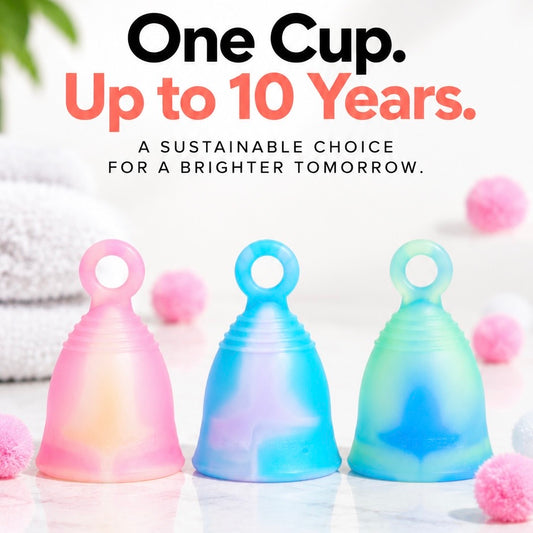 Three Peachcup ring loop menstrual cups in pastel colors (pink, blue, and mint green), reusable for up to 10 years