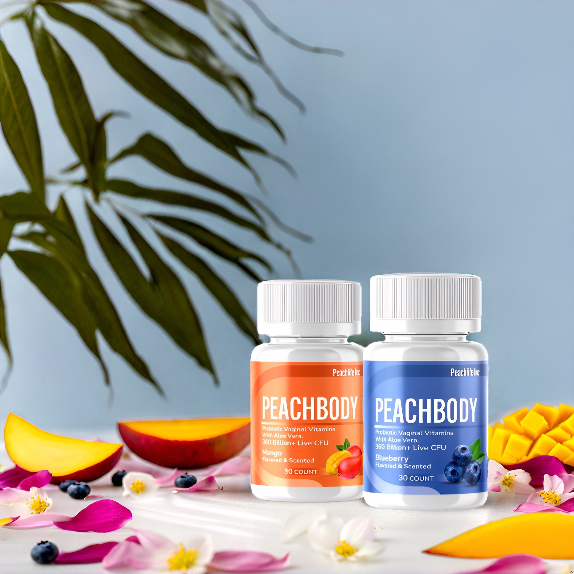 Peachbody Scented & Flavored Probiotic Vaginal Suppositories 2 Pack | Aloe Vera & 11 Strains | Mango & Blueberry | Peachlife