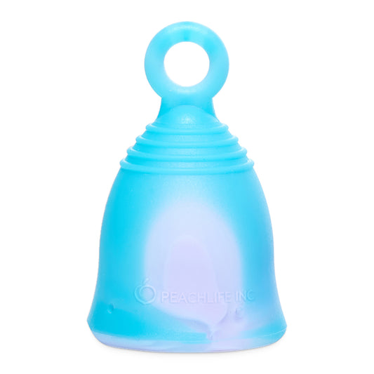 Peachlife Peachcup small medium firm 24 ml blue and purple swirl menstrual cup with ring stem, front view