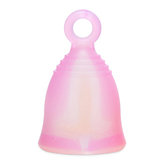 Peachlife Peachcup small soft 24 ml pink swirl menstrual cup with ring stem, front view