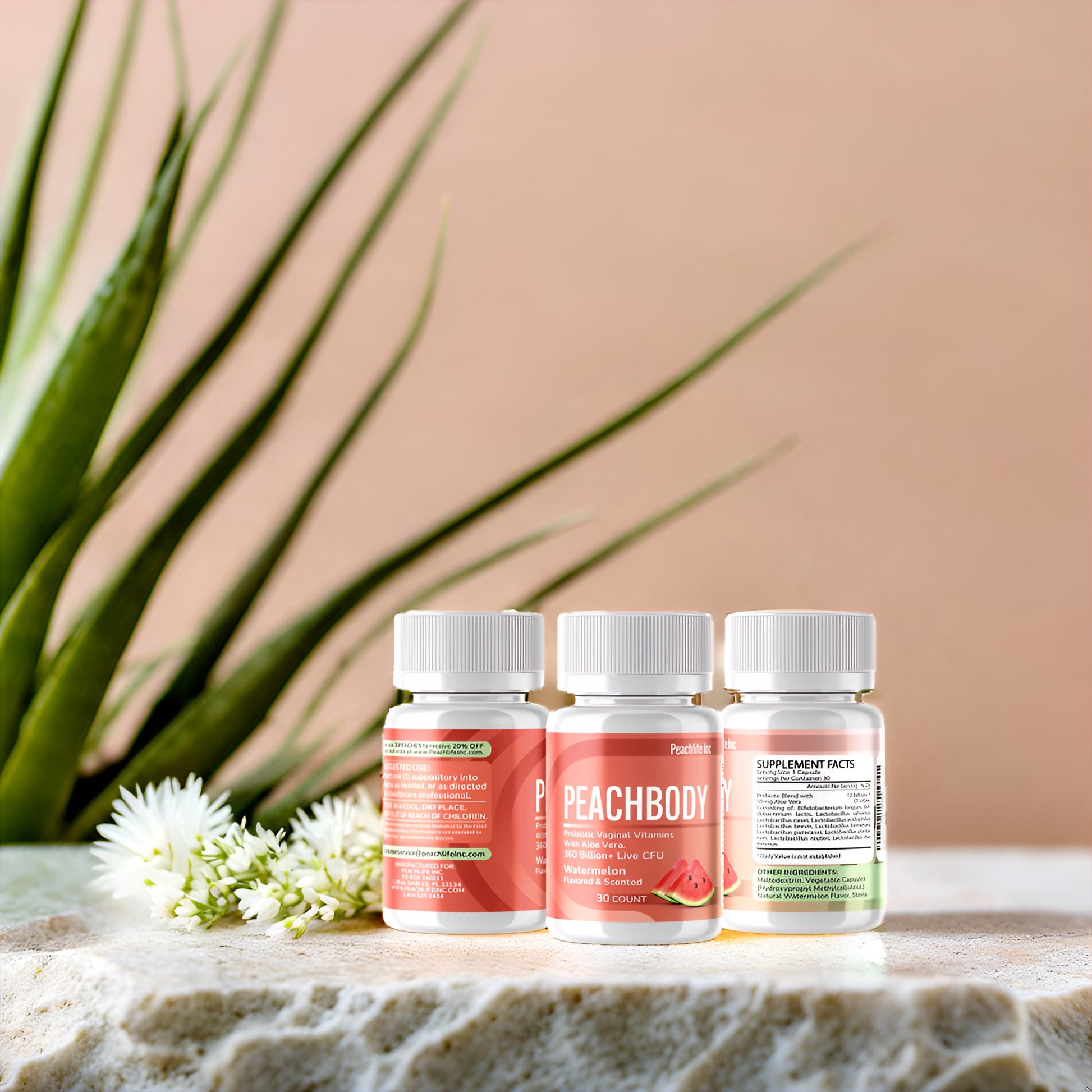 Peachbody Watermelon Flavored and Scented Probiotic Vaginal Suppositories with Aloe Vera | Made with Natural Extracts