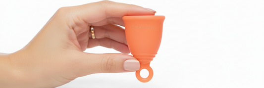 Peachlife Peachcup Menstrual Cup with Ring Stem, Size in Hand