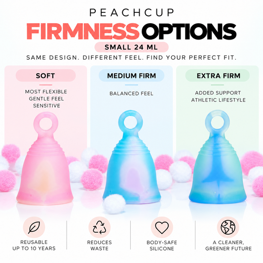 Peachcup Soft, Medium Firm, and Extra Firm menstrual cup comparison