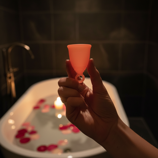 Peachcup ring stem menstrual cup in a rose bath setting for removal guidance