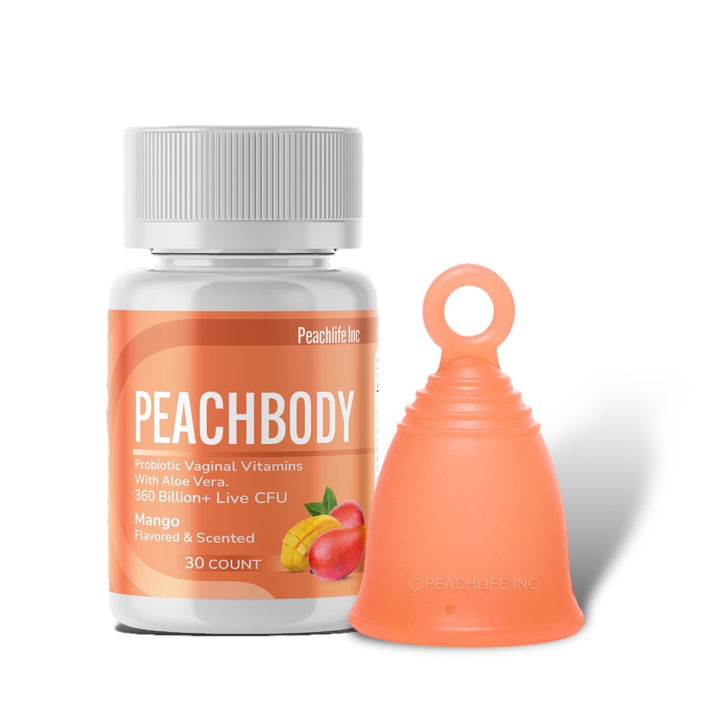 Peachcup Ring Menstrual Cup & Peachbody Mango Flavored Probiotic Suppositories Bundle