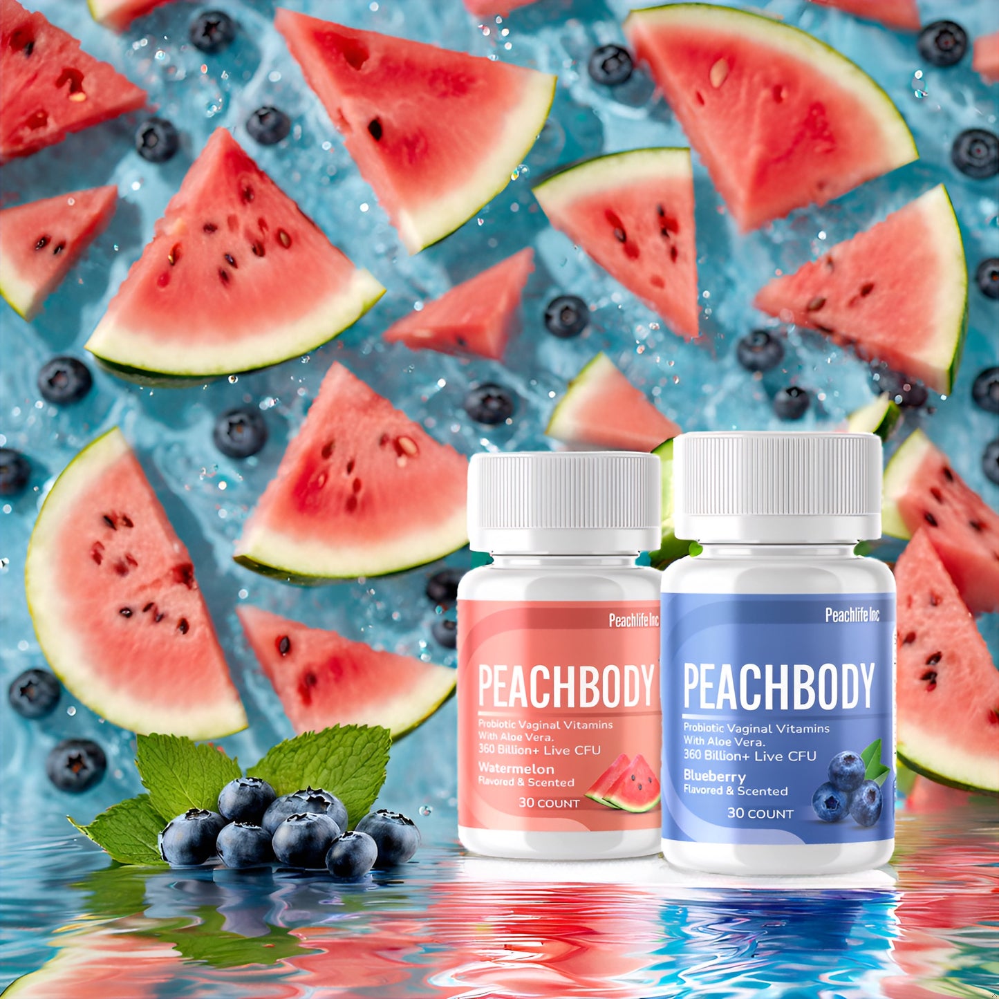 Peachlife Peachbody Scented & Flavored Probiotic Vaginal Suppositories with Aloe Vera 2 Pack | Watermelon & Blueberry