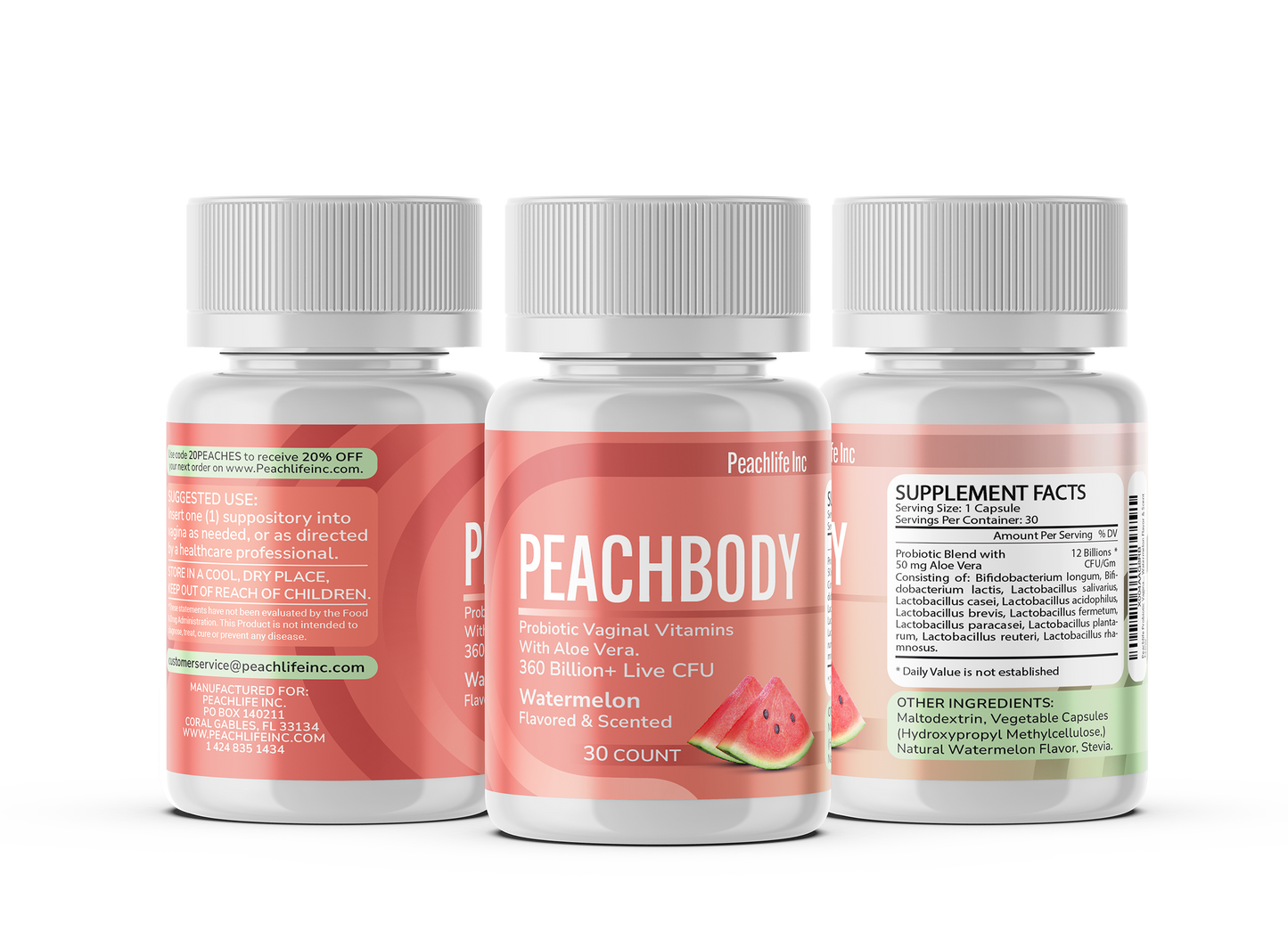 Peachbody Scented & Flavored Probiotic Suppositories 2 Pack | Aloe Vera & 11 Strains | Mango & Watermelon | 60 Count | Peachlife