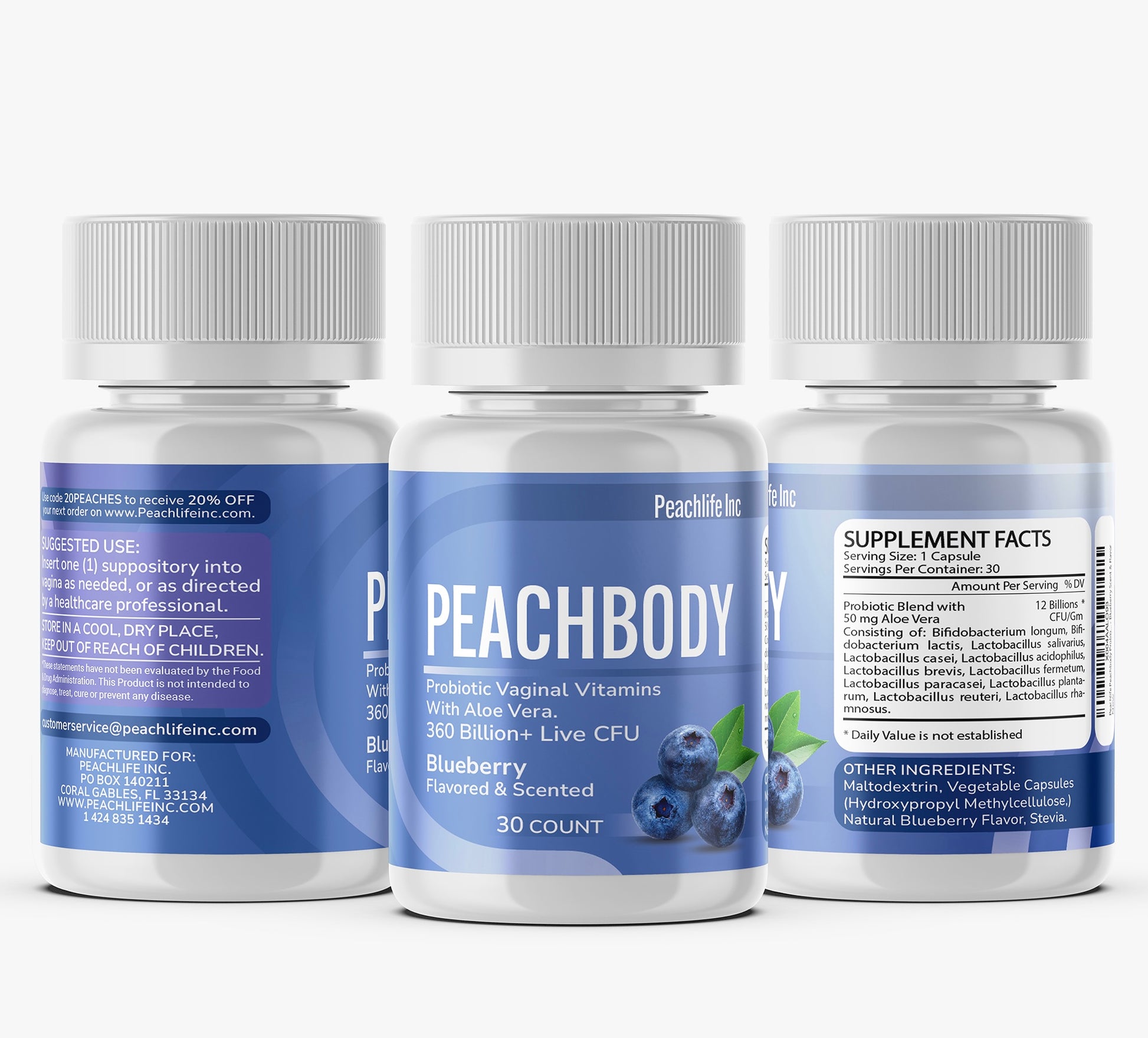 Peachbody Blueberry Flavored and Scented Probiotic Vaginal Suppositories with Aloe Vera | Made with Natural Extracts