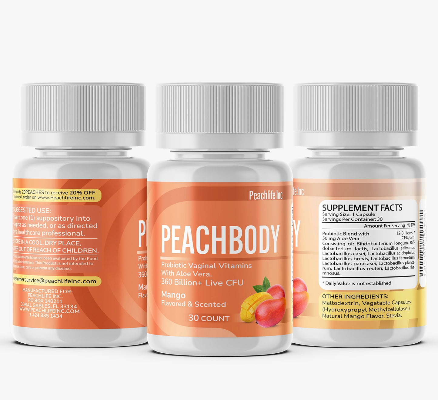 Peachbody Mango Flavored and Scented Probiotic Vaginal Suppositories with Aloe Vera | Made with Natural Extracts