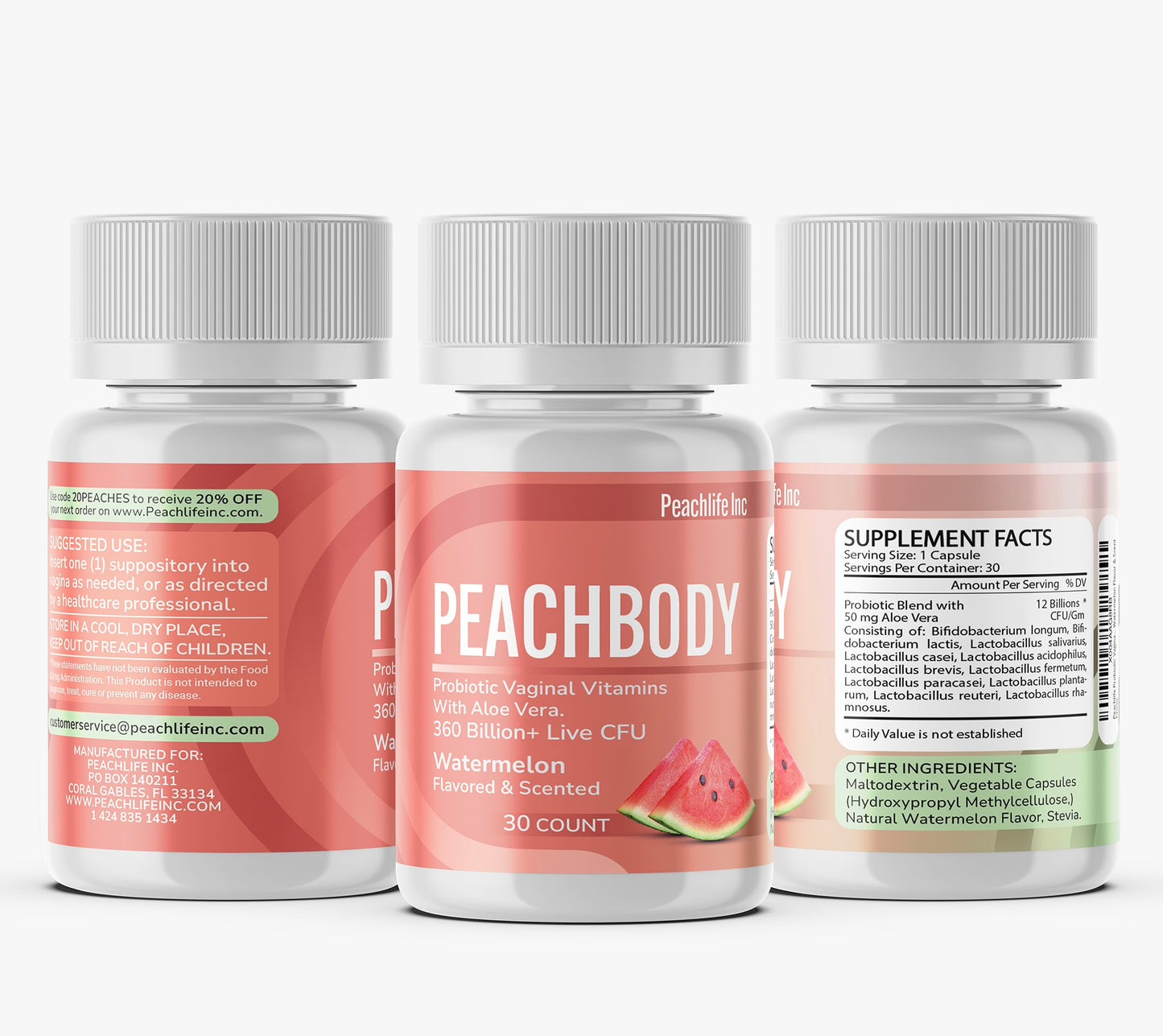 Peachbody Watermelon Flavored and Scented Probiotic Vaginal Suppositories with Aloe Vera | Made with Natural Extracts