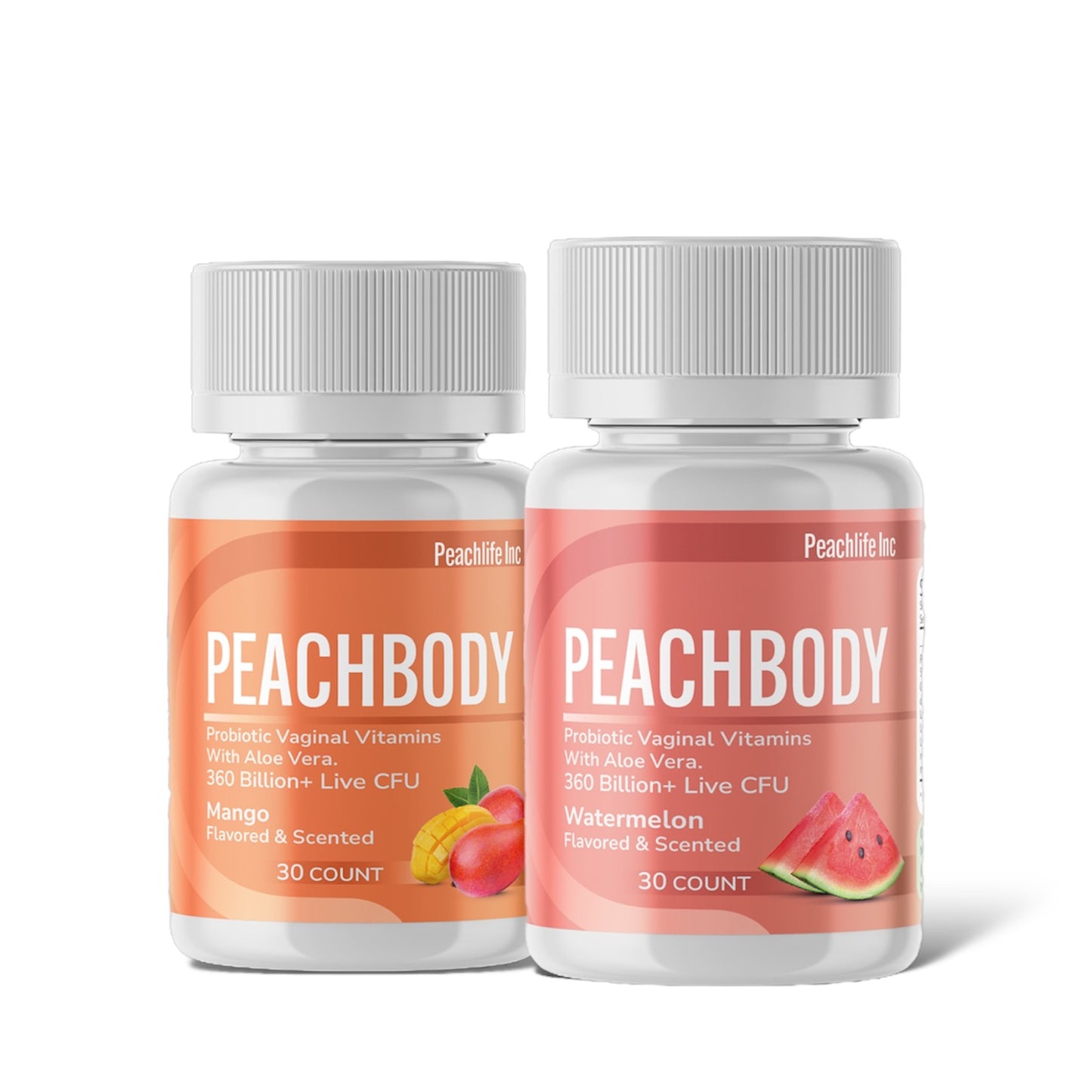 Peachbody Scented & Flavored Probiotic Suppositories 2 Pack | Aloe Vera & 11 Strains | Mango & Watermelon | 60 Count | Peachlife