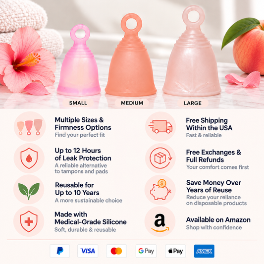 Three silicone menstrual cups in small, medium, and large sizes are displayed on a clean white background with decorative flowers and fruit. Below the cups, text highlights product features such as multiple sizes, leak protection, reusability, and payment options including Visa, Mastercard, Google Pay, Apple Pay, and ANX.
