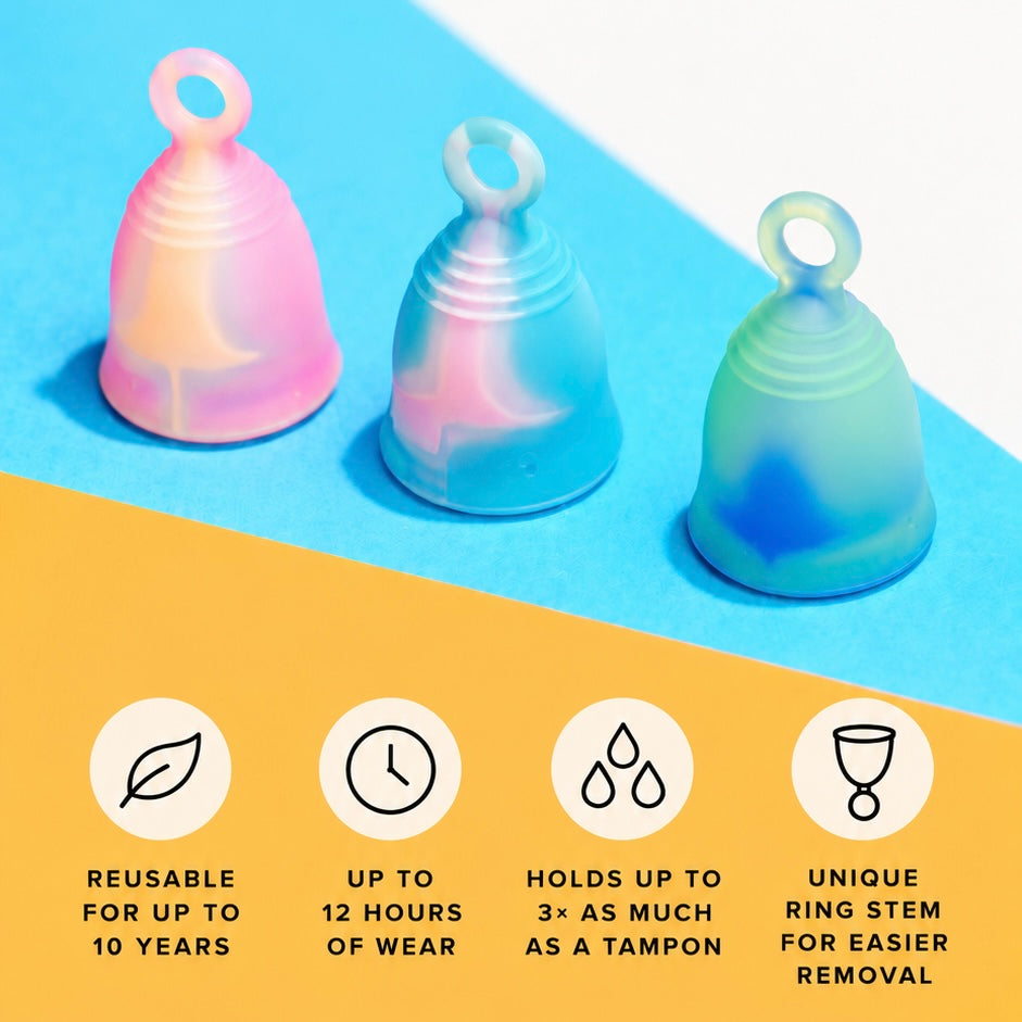 Three Peachcup menstrual cups with ring pull stems and product feature icons