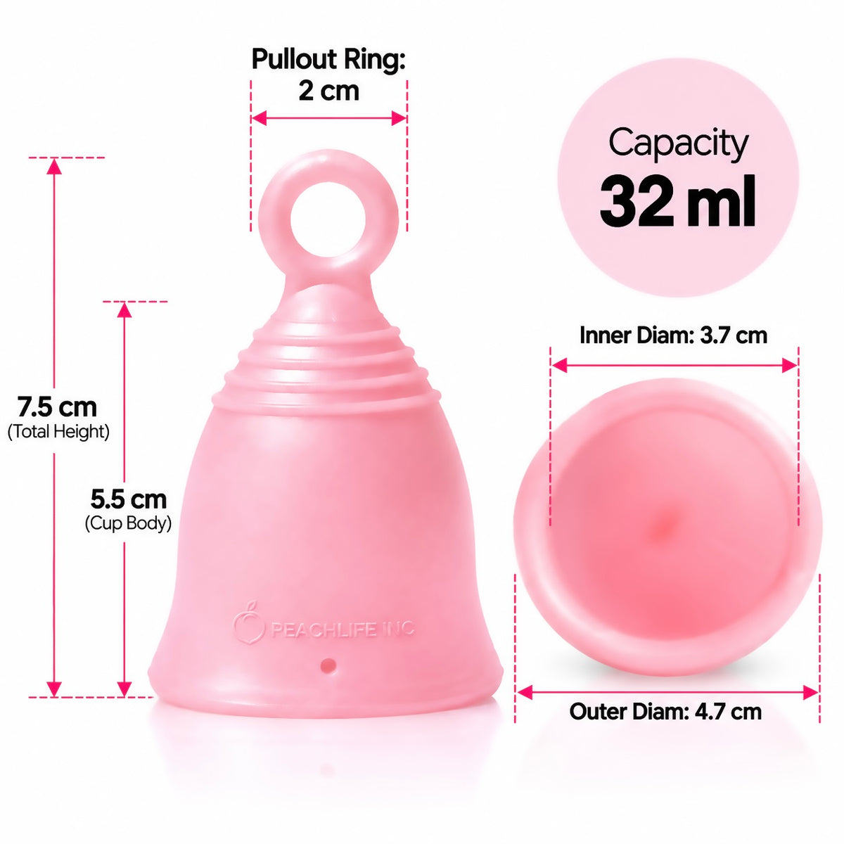 Peachcup Large Medium Firm 32 ml ring stem menstrual cup measurements: 7.5 cm total height, 4.7 cm outer diameter and 2 cm pullout ring.