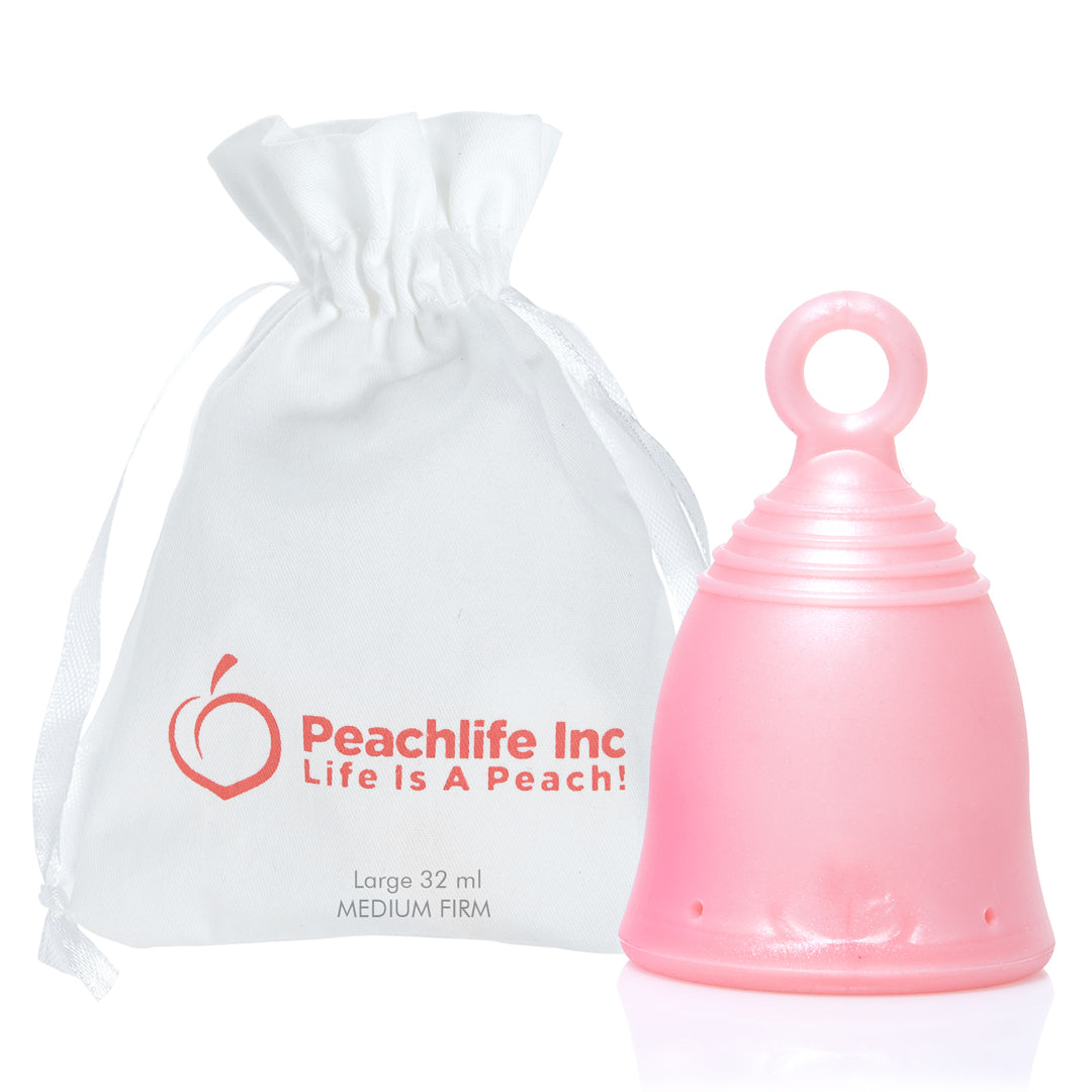 Peachlife Peachcup Large Medium Firm 32 ml ring stem menstrual cup with white storage pouch
