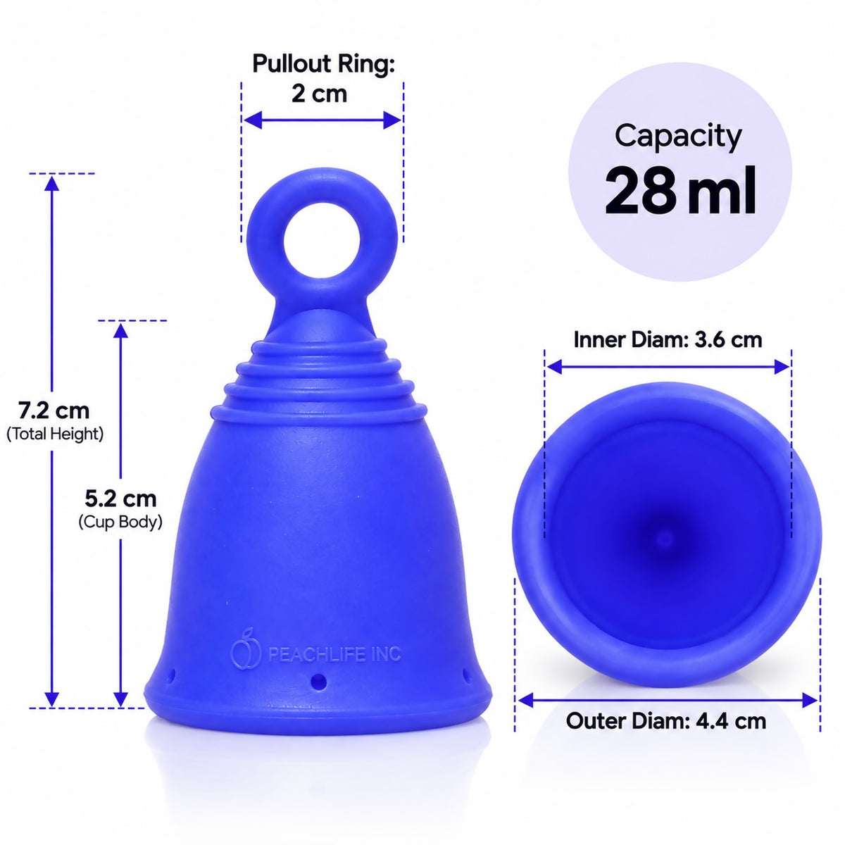 Peachcup Medium Extra Firm 28 ml ring stem menstrual cup measurements: 7.2 cm total height, 4.4 cm outer diameter and 2 cm pullout ring.