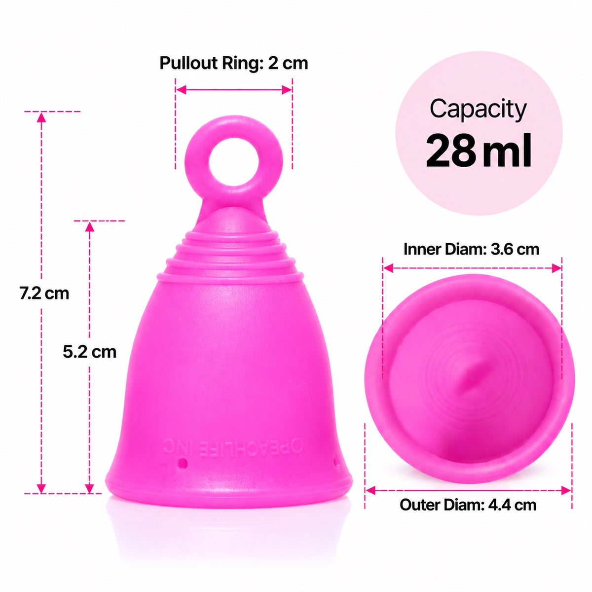 Peachcup Medium Medium Firm 28 ml ring stem menstrual cup measurements: 7.2 cm total height, 4.4 cm outer diameter and 2 cm pullout ring.