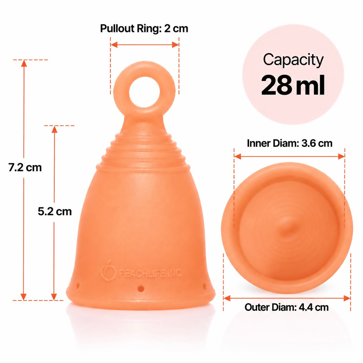 Peachcup Medium Soft 28 ml ring stem menstrual cup measurements: 7.2 cm total height, 4.4 cm outer diameter and 2 cm pullout ring.
