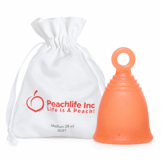 Medium Soft Peachcup 28 ml ring stem menstrual cup with white storage pouch
