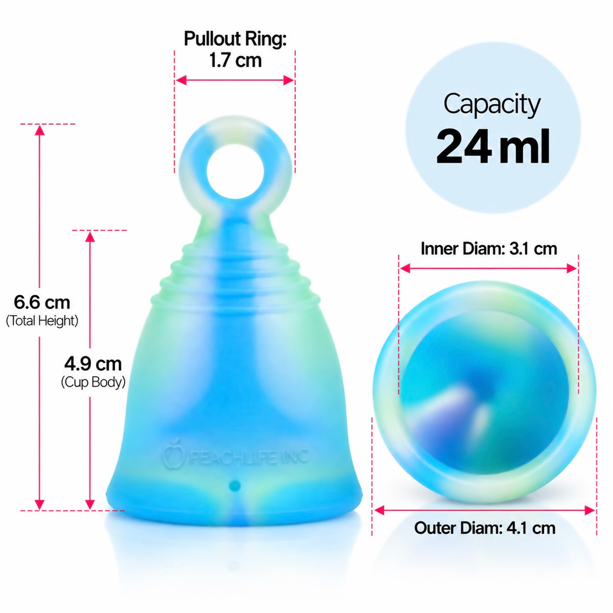 Peachcup Small Extra Firm 24 ml ring stem menstrual cup measurements: 6.6 cm total height, 4.1 cm outer diameter and 1.7 cm pullout ring.