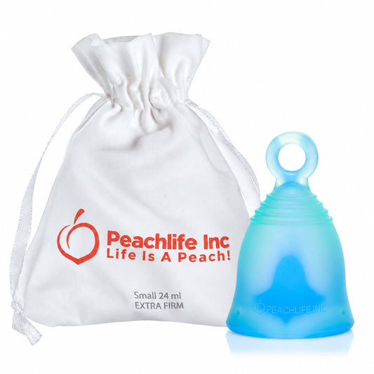 Peachlife Peachcup Small Extra Firm 24 ml ring stem menstrual cup with white storage pouch