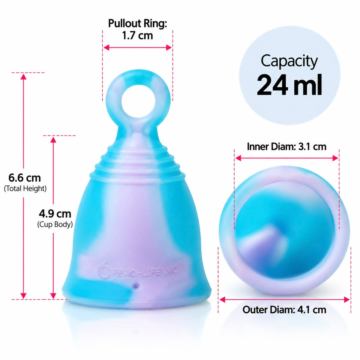 Peachcup Small Medium Firm 24 ml ring stem menstrual cup measurements: 6.6 cm total height, 4.1 cm outer diameter and 1.7 cm pullout ring.