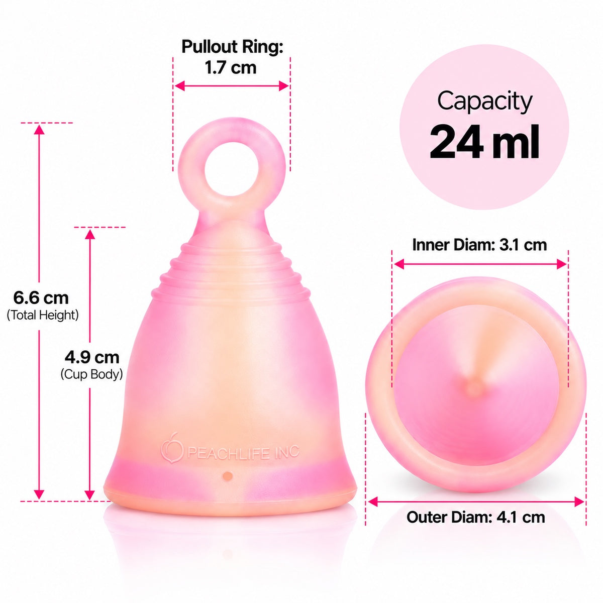 Peachcup Small Soft 24 ml ring stem menstrual cup measurements: 6.6 cm total height, 4.1 cm outer diameter and 1.7 cm pullout ring.