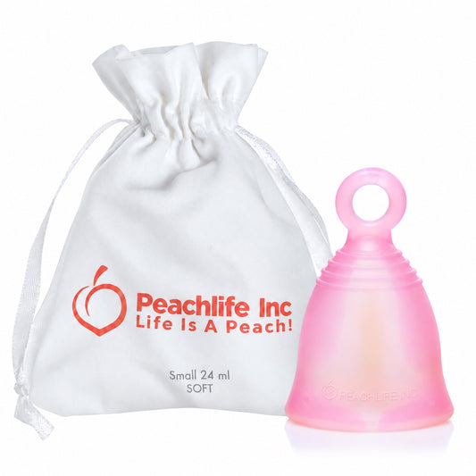 Peachlife Peachcup Small Soft 24 ml ring stem menstrual cup with white storage pouch