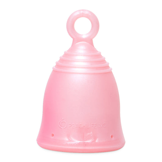 Peachlife Peachcup large medium firm 32 ml pink menstrual cup with ring stem, front view
