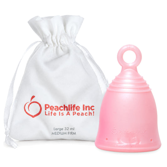 Peachlife Peachcup large medium firm 32 ml pink menstrual cup with ring stem and white storage pouch