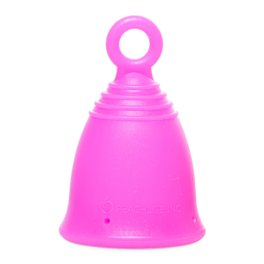 Peachlife Peachcup medium medium firm 28 ml fuchsia menstrual cup with ring stem, front view
