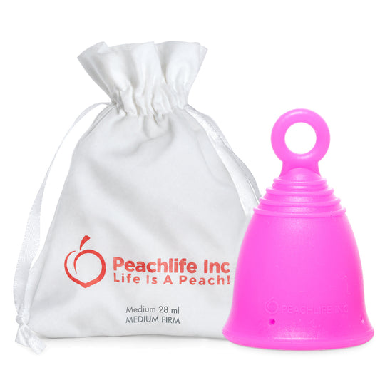 Peachlife Peachcup medium medium firm 28 ml fuchsia menstrual cup with ring stem and white storage pouch