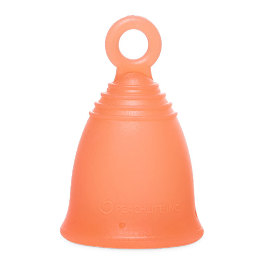 Peachlife Peachcup medium soft 28 ml peach menstrual cup with ring stem, front view