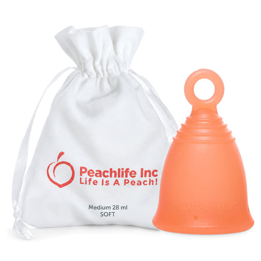 Peachlife Peachcup medium soft 28 ml peach menstrual cup with ring stem and white storage pouch