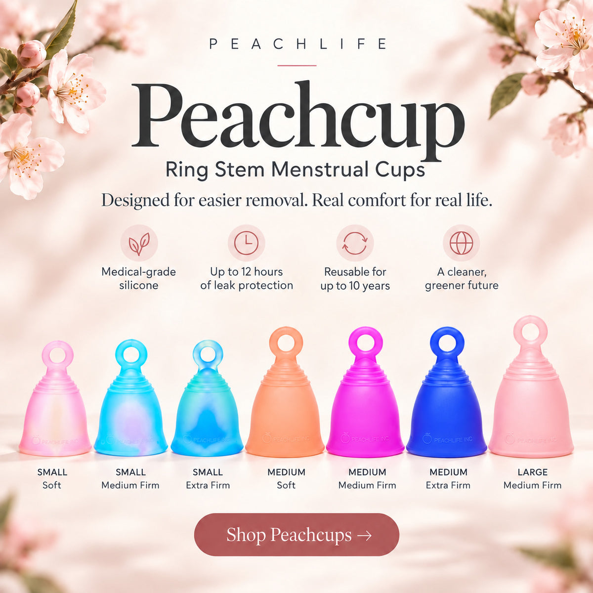Peachlife Peachcup ring stem menstrual cups in Small, Medium and Large sizes, with available firmness options labeled.