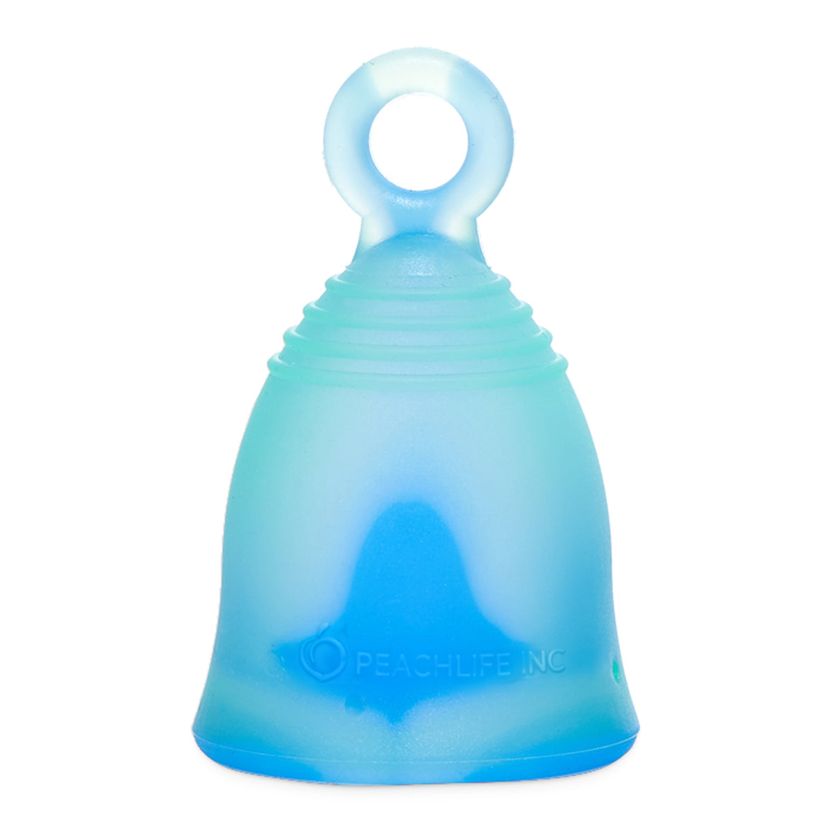 Peachlife Peachcup small extra firm 24 ml blue and green swirl menstrual cup with ring stem, front view