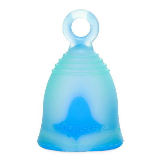 Peachlife Peachcup small extra firm 24 ml blue and green swirl menstrual cup with ring stem, front view