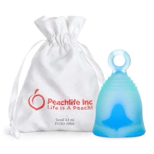 Peachlife Peachcup small extra firm 24 ml blue and green swirl menstrual cup with ring stem and white storage pouch