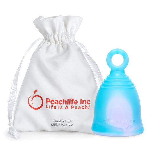 Peachlife Peachcup small medium firm 24 ml blue and purple swirl menstrual cup with ring stem and white storage pouch
