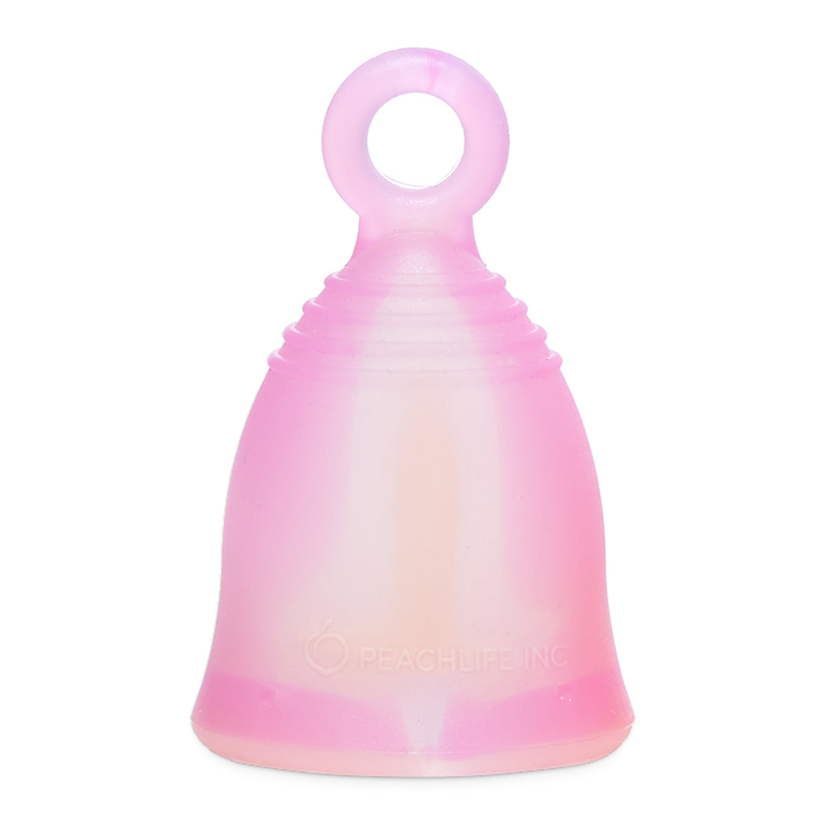 Peachlife Peachcup small soft 24 ml pink swirl menstrual cup with ring stem, front view