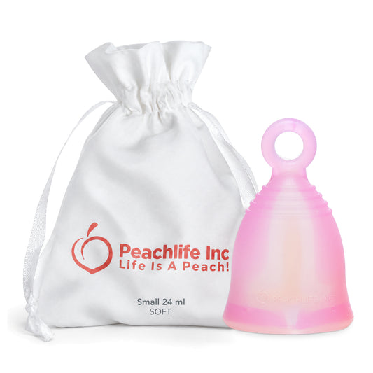 Peachlife Peachcup small soft 24 ml pink swirl menstrual cup with ring stem and white storage pouch