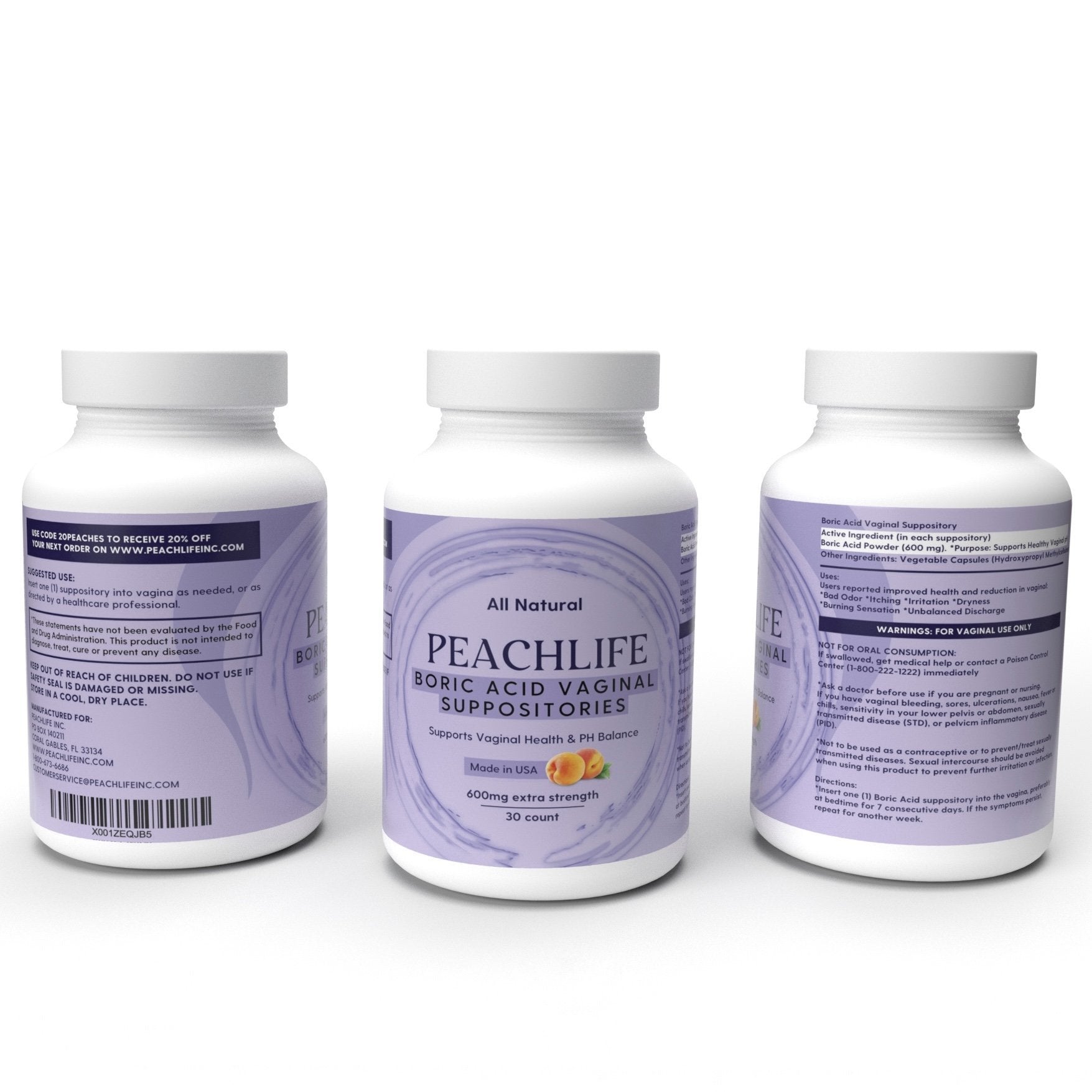 Peachlife® Boric Acid Vaginal Suppositories  - Bacterial Vaginosis (BV), UTI and Yeast Infection Support