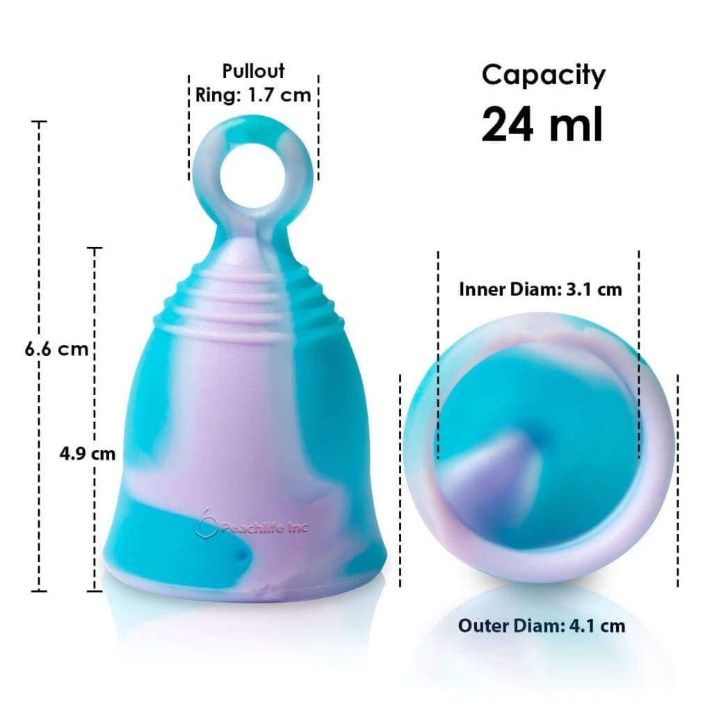 MINI 24 ml MEDIUM FIRM Peachlife Menstrual Cup With Ring Stem For Easy Removal - Tie-Dye - Low Cervix Small Size - 12 Hour No Spill Pad & Tampon Alternative - Medical Grade Silicone - Teen PURPLESWIRLCUP - Peachlife Inc