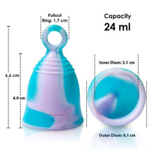 Load image into Gallery viewer, MINI 24 ml MEDIUM FIRM Peachlife Menstrual Cup With Ring Stem For Easy Removal - Tie-Dye - Low Cervix Small Size - 12 Hour No Spill Pad &amp; Tampon Alternative - Medical Grade Silicone - Teen PURPLESWIRLCUP - Peachlife Inc

